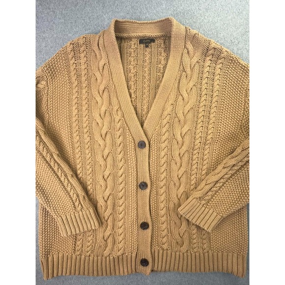 Quince Oversized Cardigan Women's Size M Cable Knit Organic Cotton Sweater Camel - Picture 2 of 9